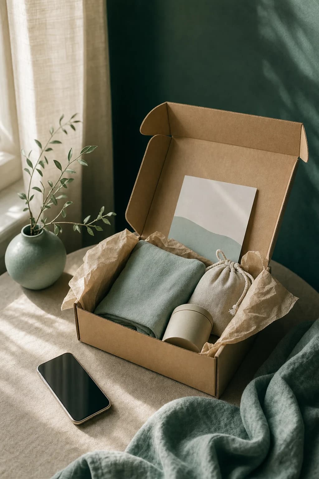 An unbranded care package arranged beside a smartphone