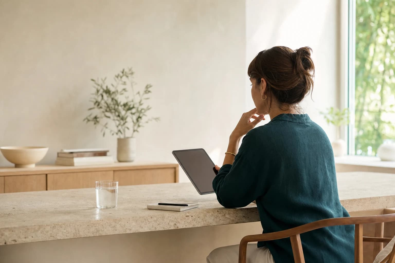 A patient reviewing her care from a sunlit kitchen table